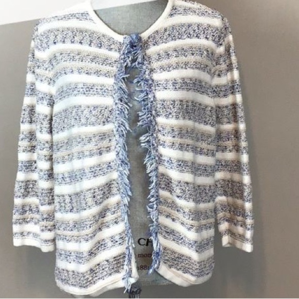 Chicos Striped Cotton Blend Open Front Cardigan